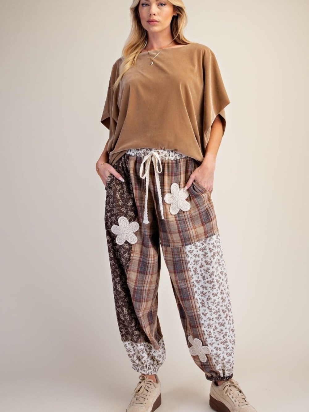 New Easel Los Angeles Jogger Pants Plaid Floral Oversized Baggy Fit Mixed Media - Picture 5 of 6